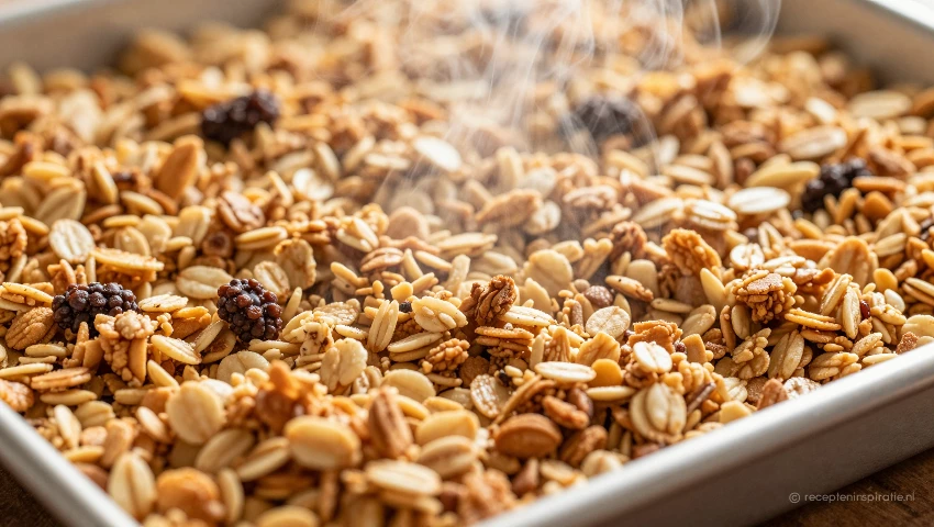 Gouden granola op een bakplaat direct uit de oven.
