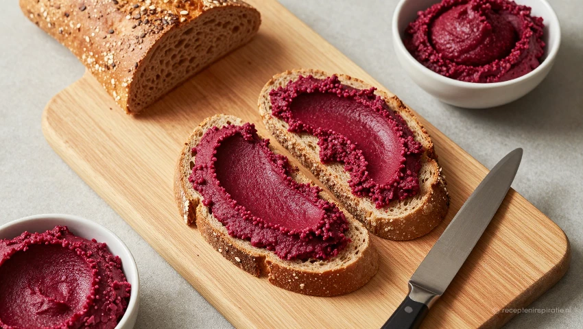 Bovenaanzicht van volkorenbrood en rode bieten hummus.