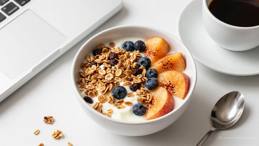Yoghurt en granola met een boek en kop koffie.