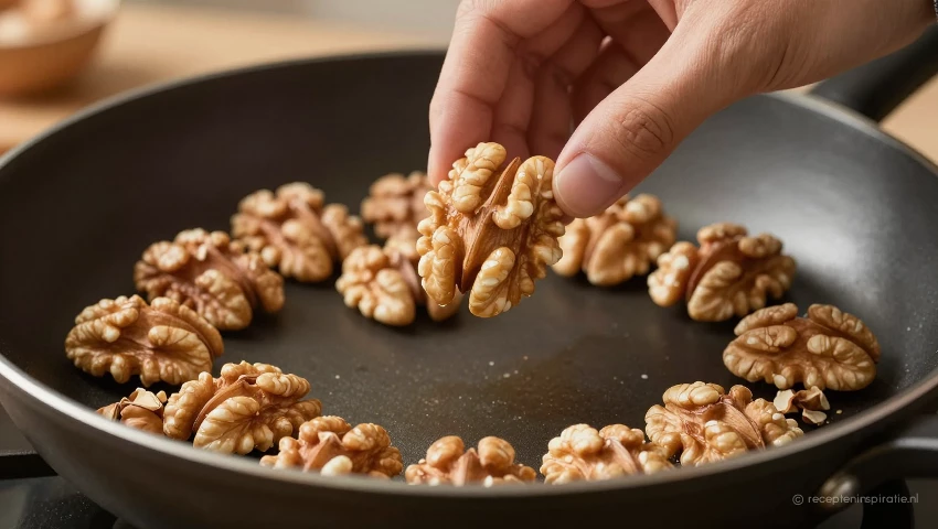 Hand roert geroosterde walnoten in een koekenpan.
