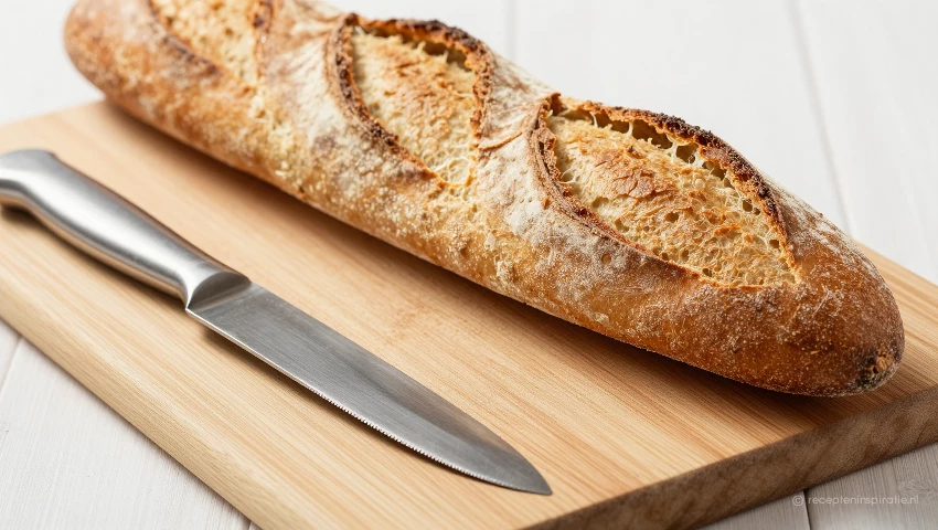 Stokbrood, mes en snijplank in compositie.
