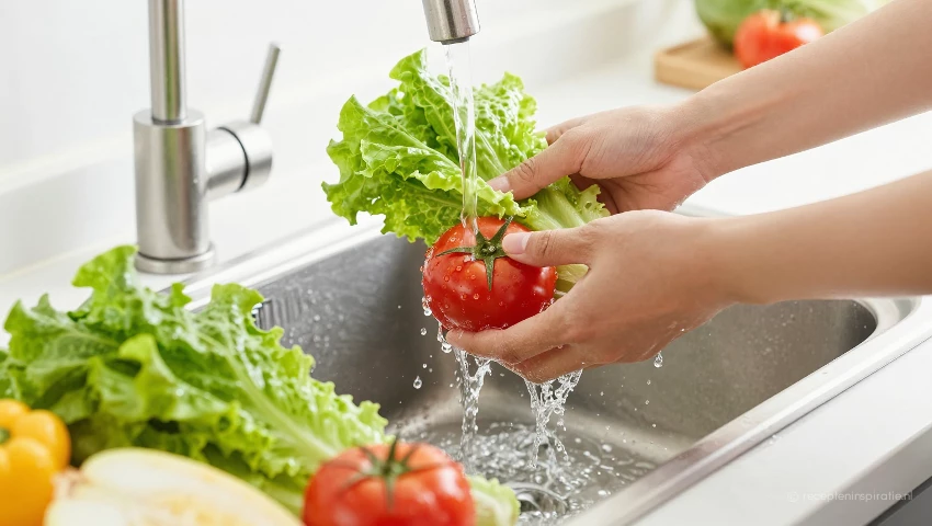 Groenten worden gewassen in een moderne keuken.