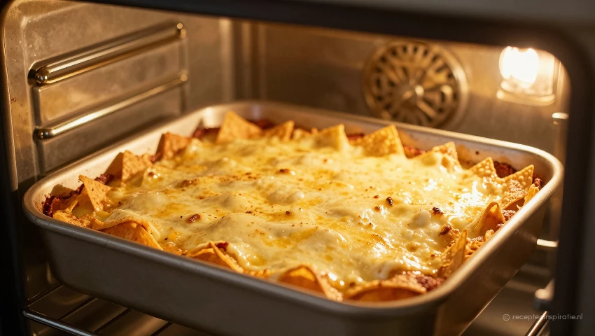 Nacho traybake in de oven, kaas smelt.