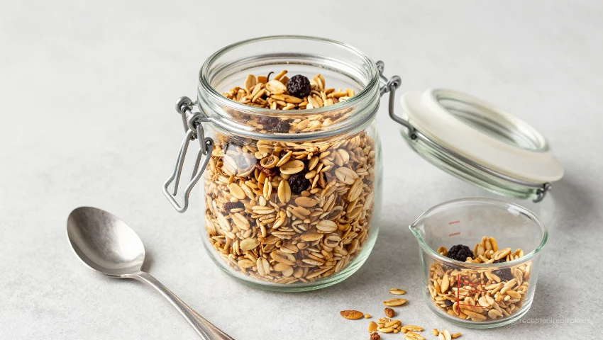 Glazen pot gevuld met granola, klaar om te bewaren.