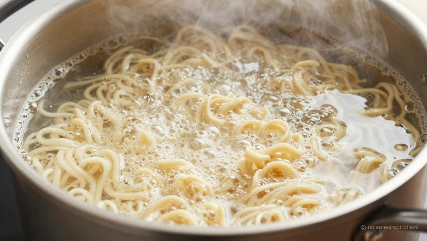 Noedels koken in een pan op het fornuis.