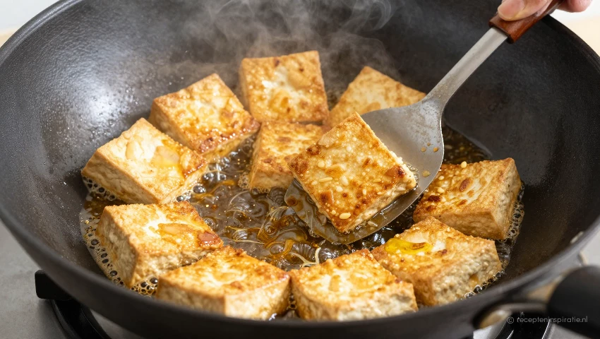Tofu wordt gebakken in een wok met olie.