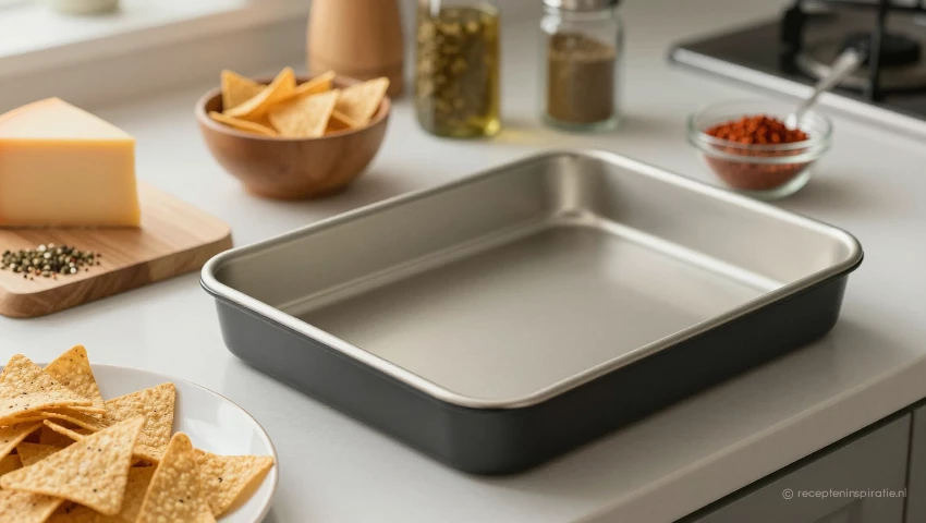 Van bovenaf aanzicht van voorbereidende ingrediënten en ovenschaal.