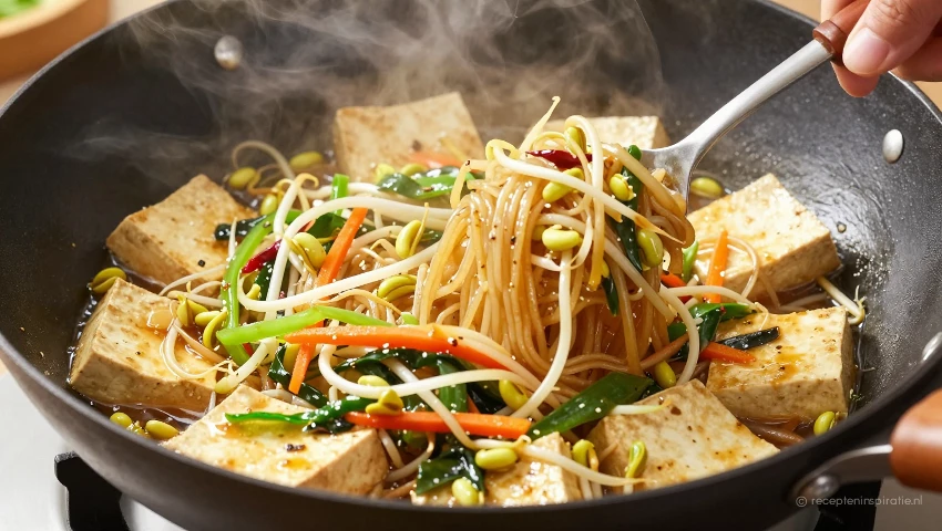 Tofu, noedels en groenten worden gemengd in een wok.