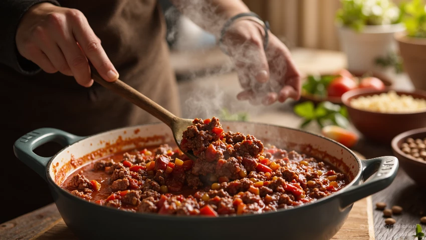 Iemand maakt gehakt-tomatensaus in de keuken.
