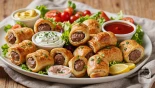Saucijzenbroodjes met salade en dipsaus.