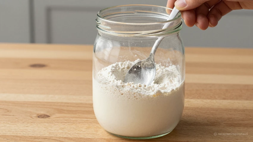 Meel en water worden gemengd in een glazen pot.