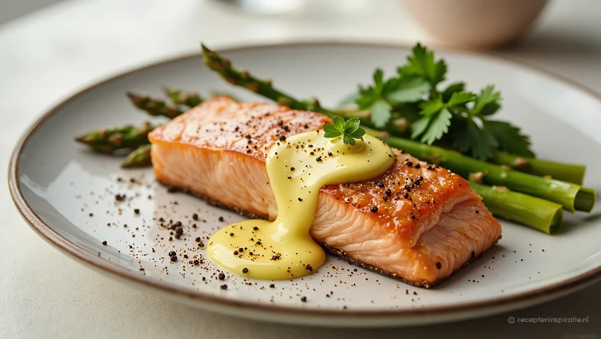 Zalm en asperges, opgemaakt, zwarte peper, peterselie.