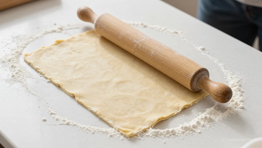 Uitgerold bladerdeeg op een bebloemd aanrecht, klaar voor gebruik.