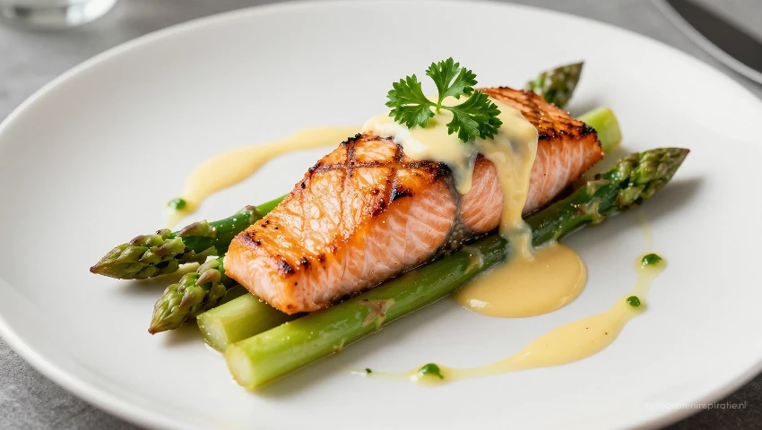 Zalm en asperges met Hollandaise, opgemaakt gerecht.