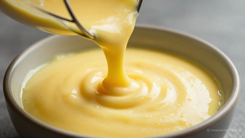 Rijke Hollandaise saus gieten, close-up, dramatische belichting.
