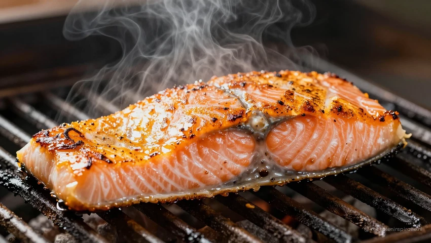 Zalmfilet, close-up, grill, dramatische belichting.
