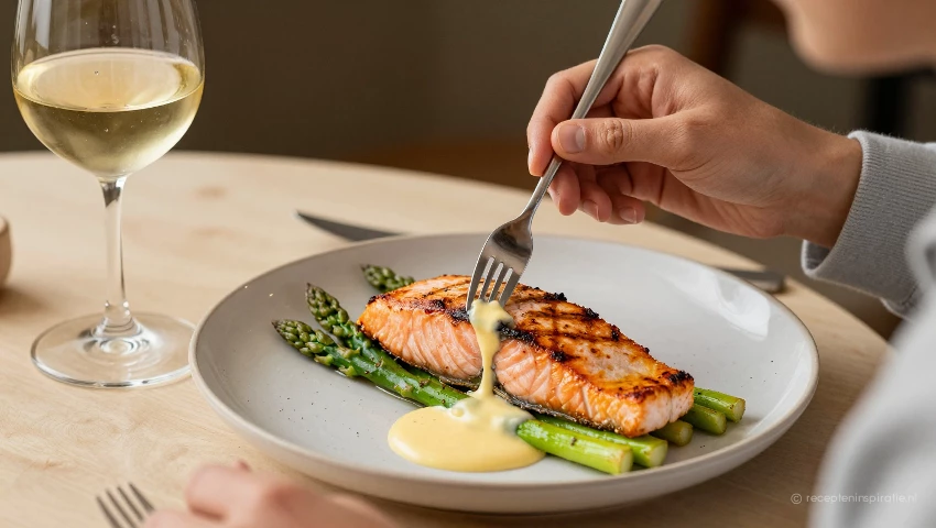 Persoon geniet van zalm en asperges, gezellig, witte wijn.