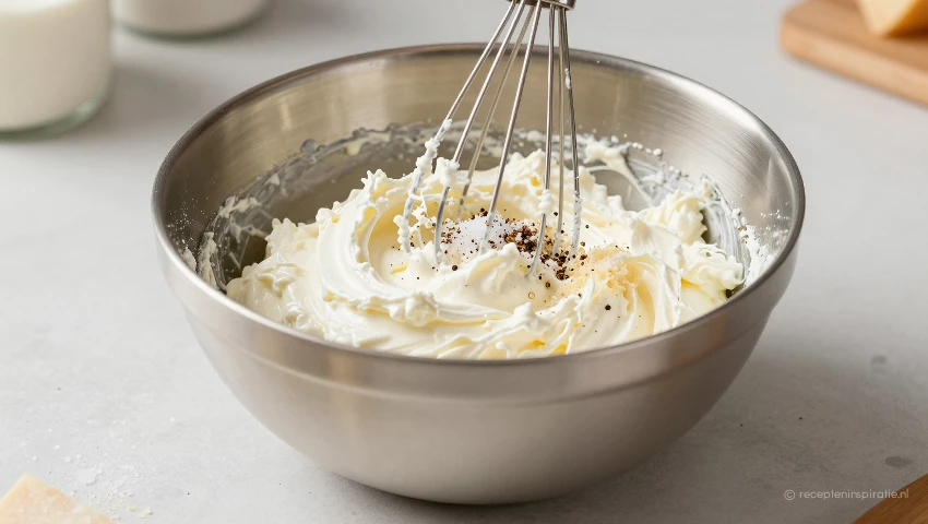 Ricotta wordt gemengd met zout en peper.