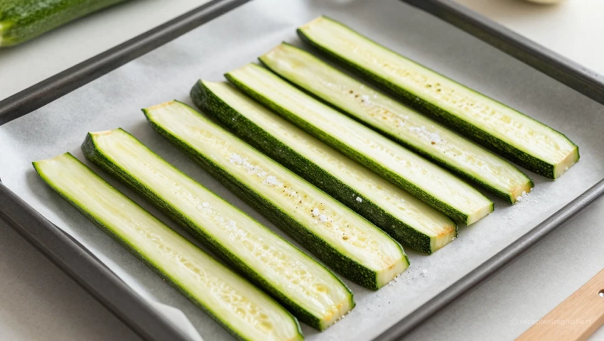 Zucchini plakken worden gezouten en klaar gemaakt om te roosteren.