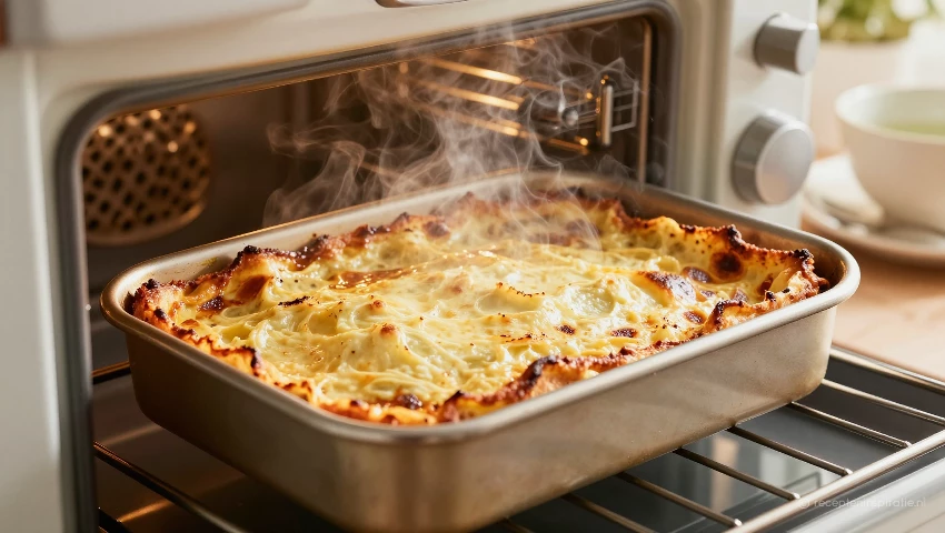 Warme keuken met een lasagne in de oven.