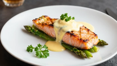 Zalm en asperges met Hollandaise, opgemaakt gerecht.