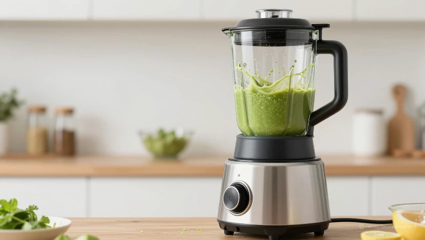 Blender mengt een groene soep, met beweging en energie.