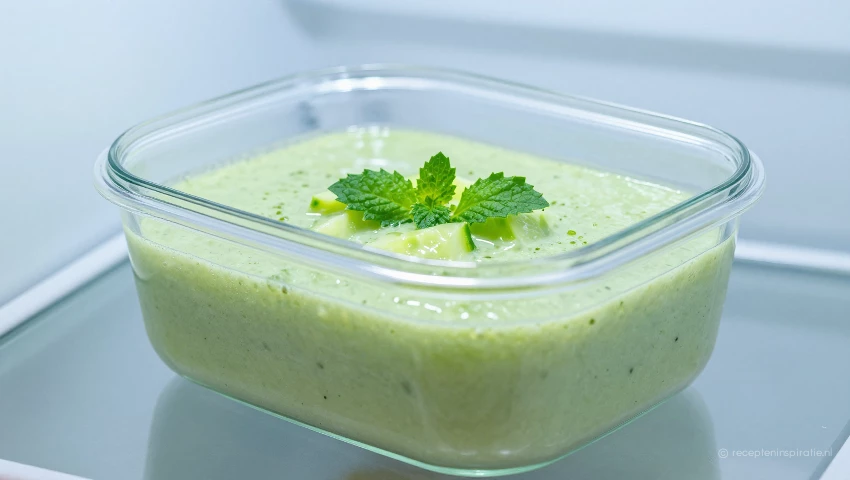 Close-up van een bak met soep in de koelkast.