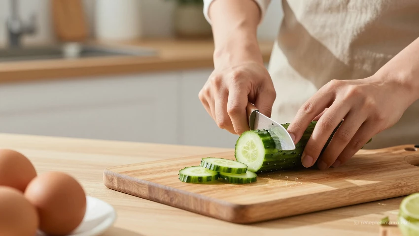 Komkommer wordt geschild en in stukken gesneden op een houten plank.