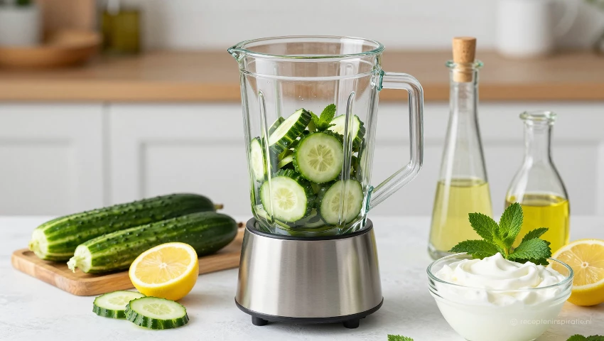 Ingrediënten worden in een blender gedaan om de soep te maken.