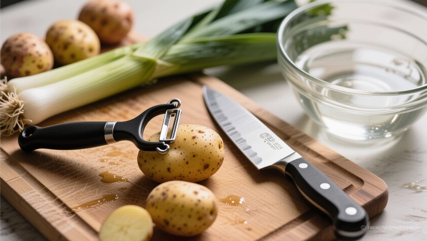 Keukenbenodigdheden: mes, schiller, snijplank en kom.