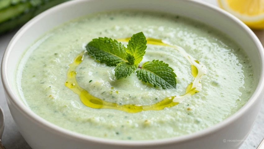 Close-up van een kom soep met verse ingrediënten.