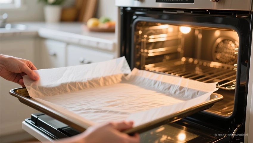 Voorbereiding bakplaat met bakpapier voor het recept.