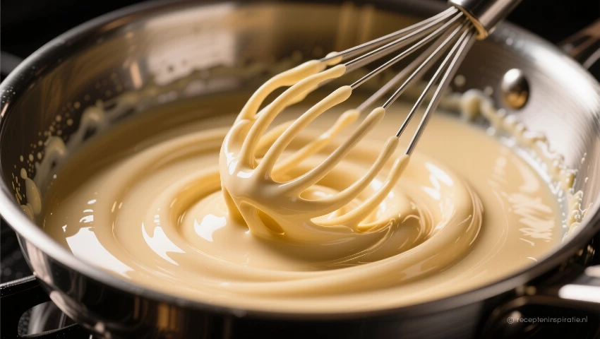 Close-up van vanillesaus die wordt opgeklopt met een garde.