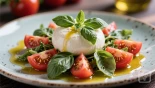 Afgebeelde Italiaanse burrata salade met tomaat en basilicum.