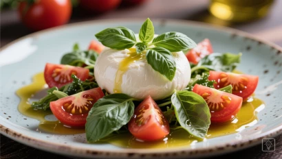 Afgebeelde Italiaanse burrata salade met tomaat en basilicum.