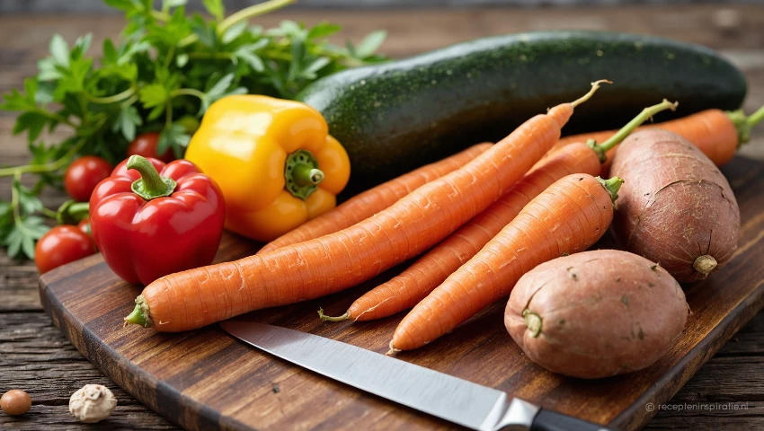 Ingrediënten: verse groenten en snijplank.