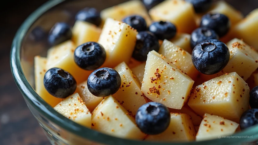 Dikke appelblokjes en blauwe bessen in een kom.