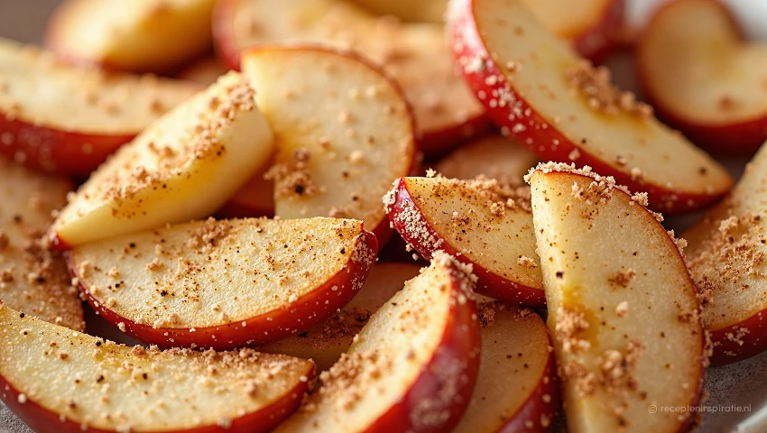 Close-up van gesneden appels met kaneel en suiker.