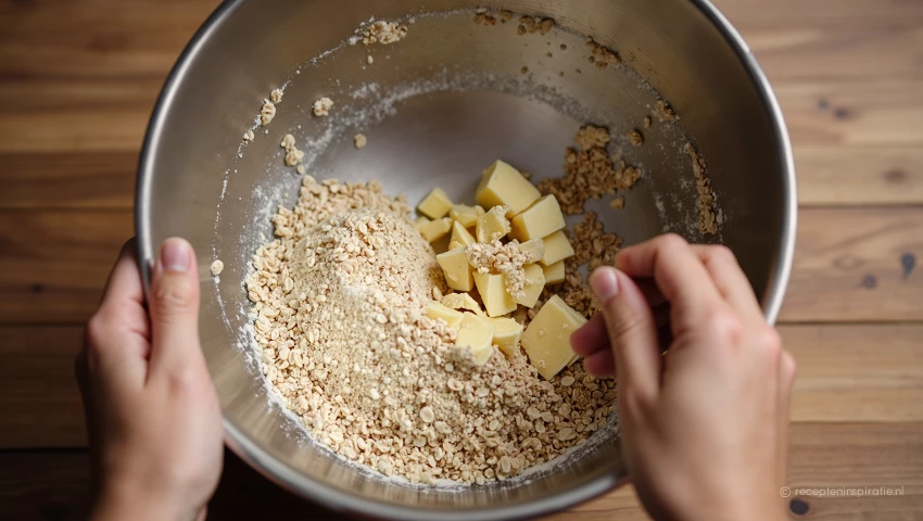 Van bovenaf een kom met crumble ingrediënten die gemengd worden.