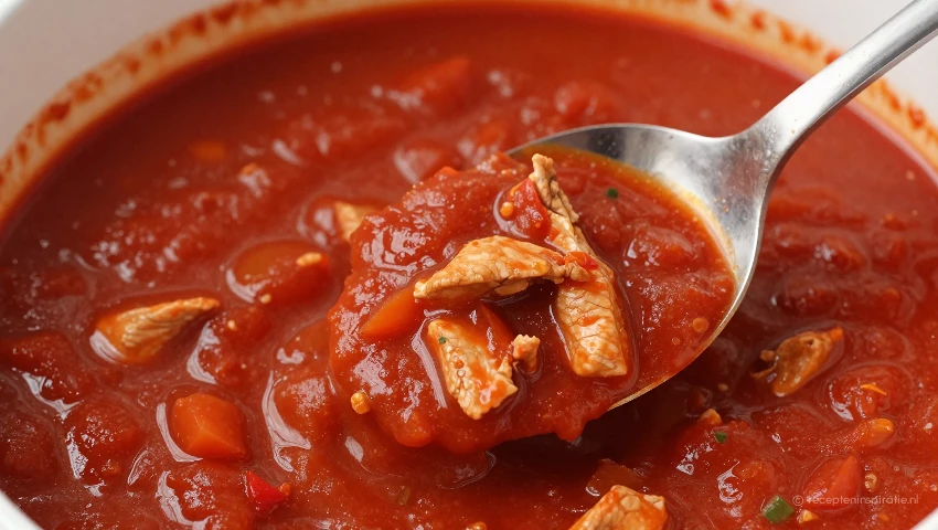 Macrofoto van een lepel met tomatensaus.