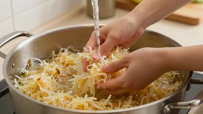 Zuurkool wordt afgespoeld in een pan in een keuken.