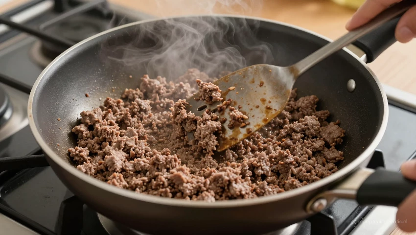 Gehakt rulbakken in een koekenpan.