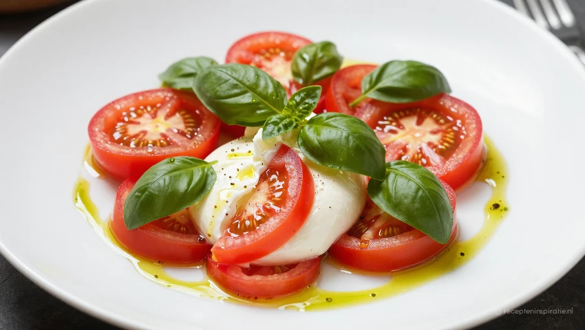 Afgebeelde Italiaanse burrata salade met tomaat en basilicum.