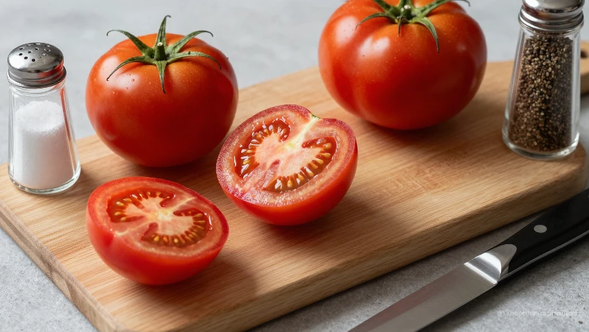 Ingrediënten voor de salade: tomaten, mes en kruiden.