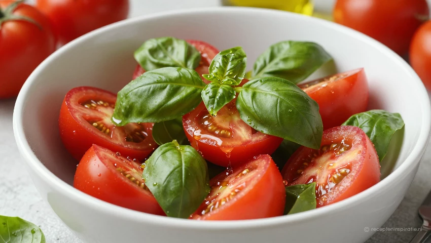Tomaten en basilicum worden gemengd met olijfolie.