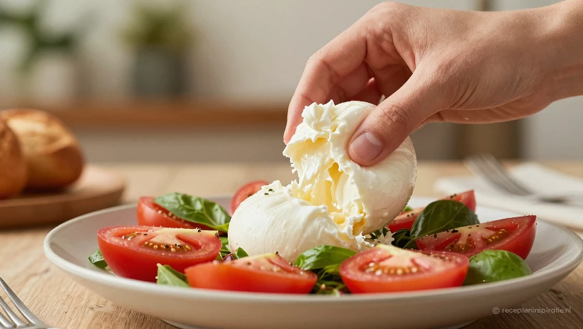 Hand breekt burrata over de salade.