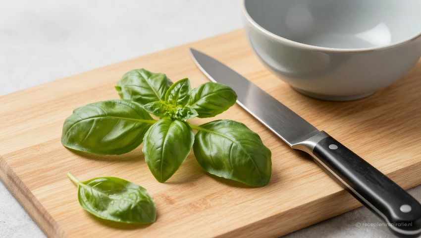 Basilicum, mes en houten plank voor de bereiding.
