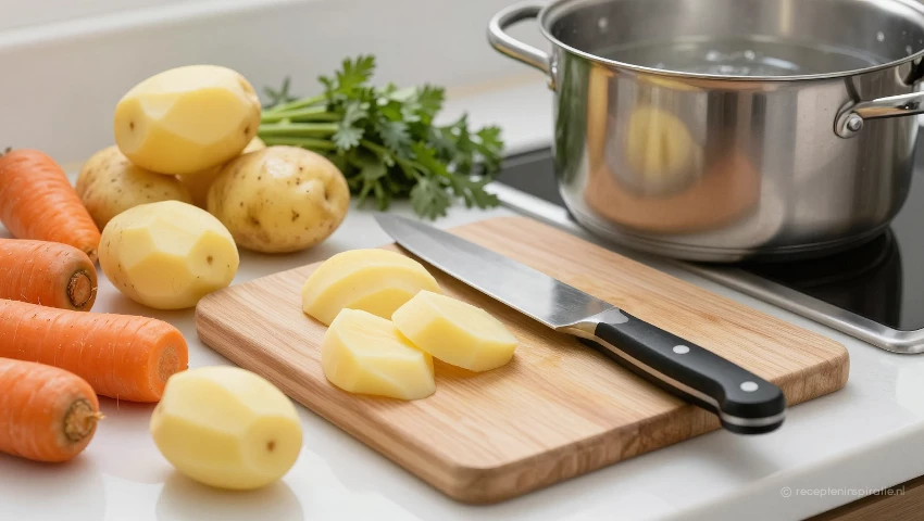 Keukenbenodigdheden en ingrediënten voor stamppot op een aanrecht.