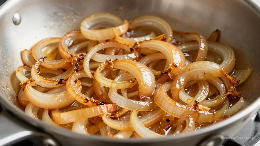 Detaillering van gebakken uien in een koekenpan.