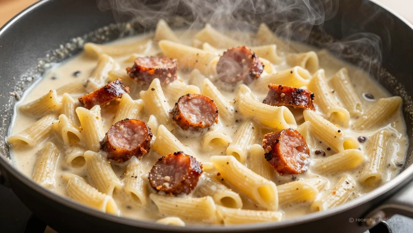 Pasta en chorizo worden gemengd in roomsaus.
